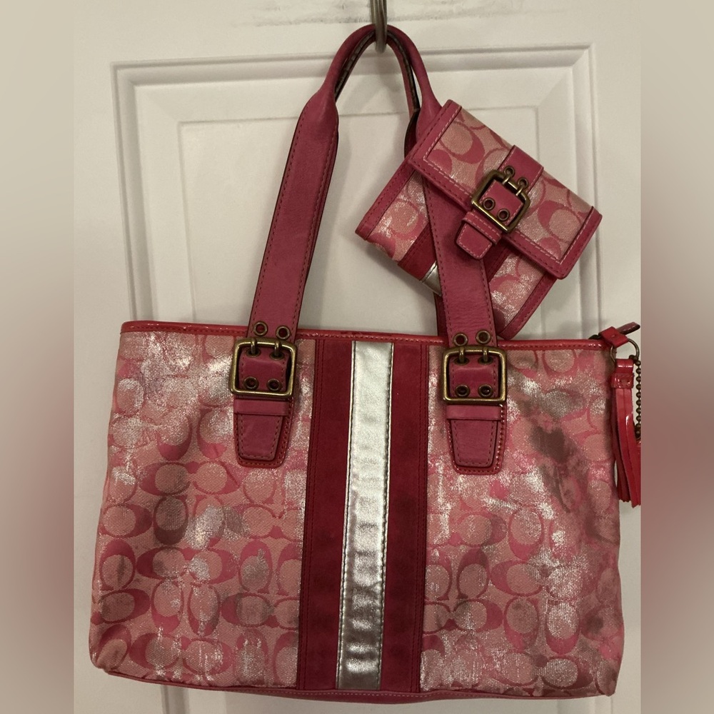 COACH 2005 Rare Vintage Pink & Silver SoHo Tie Dye Metallic Tote & Wallet Y2K